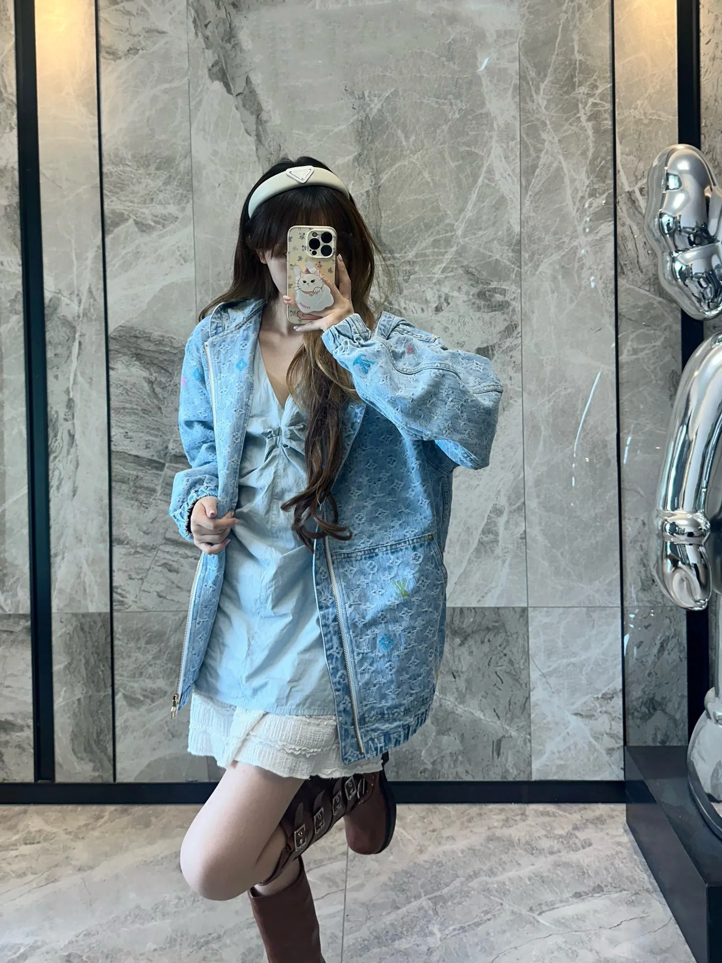 Louis Vuitton/Louis Vuitton 25Fw old flower jacquard embroidered zipper hooded denim jacket
